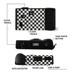 Camera layout and instructions - filter toggle, date adjustment, USB-C, screen free camera button