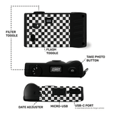 Camera layout and instructions - filter toggle, date adjustment, USB-C, screen free camera button