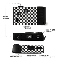 Camera layout and instructions - filter toggle, date adjustment, USB-C, screen free camera button
