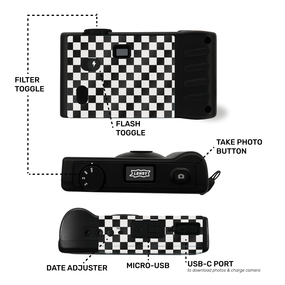 Camera layout and instructions - filter toggle, date adjustment, USB-C, screen free camera button