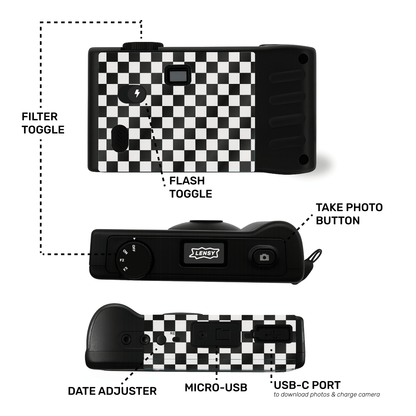 Camera layout and instructions - filter toggle, date adjustment, USB-C, screen free camera button