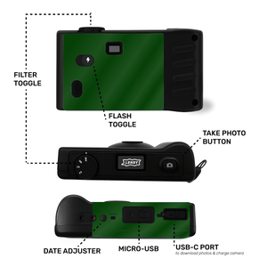 Camera layout and instructions - filter toggle, date adjustment, USB-C, screen free camera button
