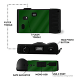 Camera layout and instructions - filter toggle, date adjustment, USB-C, screen free camera button