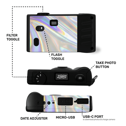 Camera layout and instructions - filter toggle, date adjustment, USB-C, screen free camera button