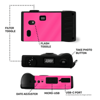 Camera layout and instructions - filter toggle, date adjustment, USB-C, screen free camera button