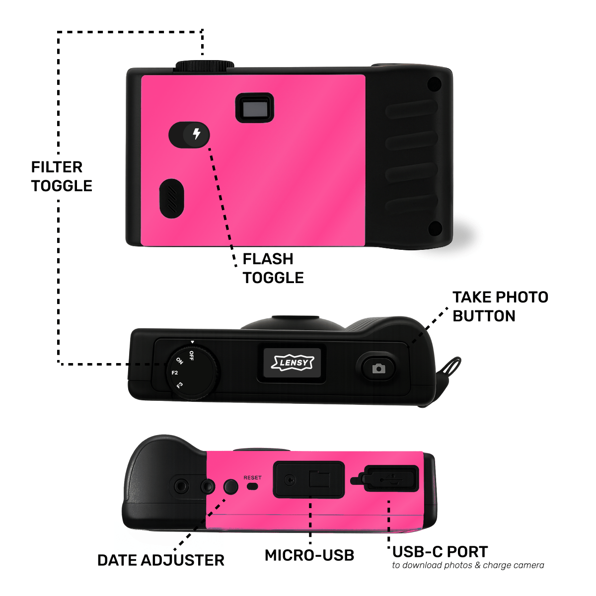 Camera layout and instructions - filter toggle, date adjustment, USB-C, screen free camera button