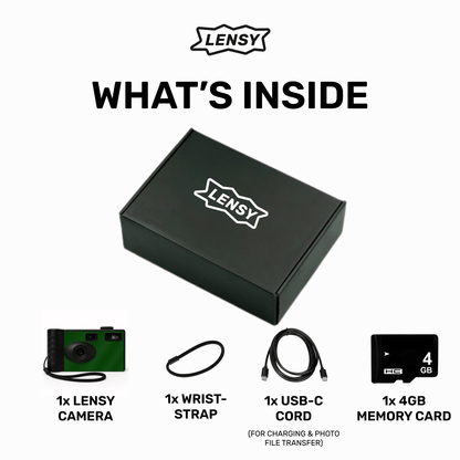 What's inside: screen free camera, wrist strap, USB-C cord, memory card