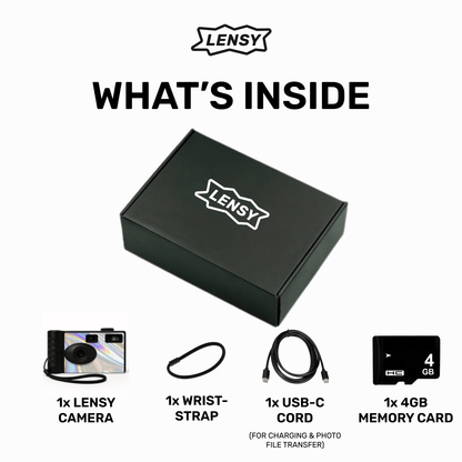 What's inside: screen free camera, wrist strap, USB-C cord, memory card