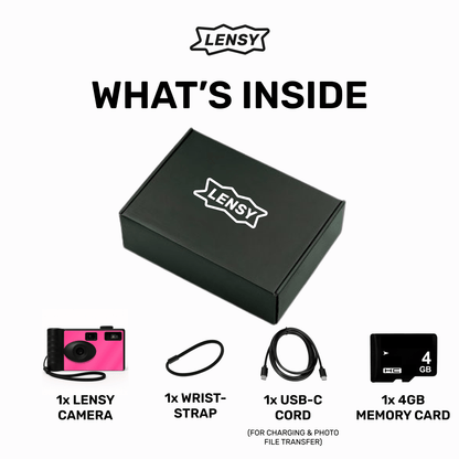 What's inside: screen free camera, wrist strap, USB-C cord, memory card